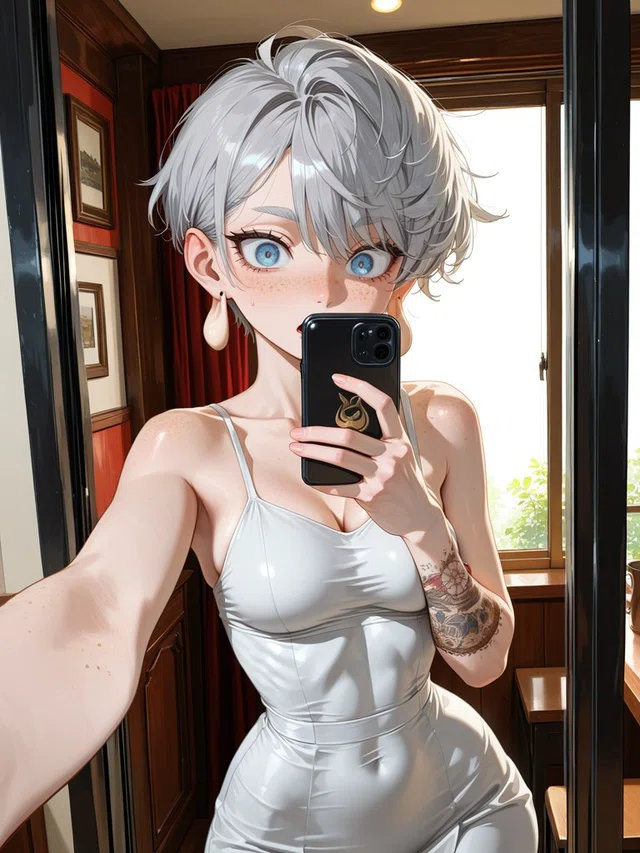 Anime-style mirror selfie with short silver hair, wide blue eyes, a white dress, drop earrings, and a tattooed forearm.