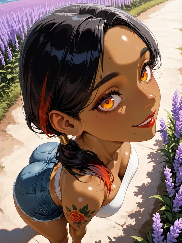 Anime portrait of a smiling figure with black and red hair, amber eyes, and a rose shoulder tattoo beside purple flowers.