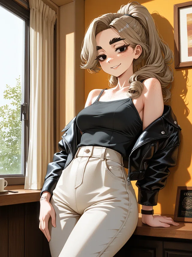 Anime portrait of a woman with light brown hair and a soft closed-lip smile