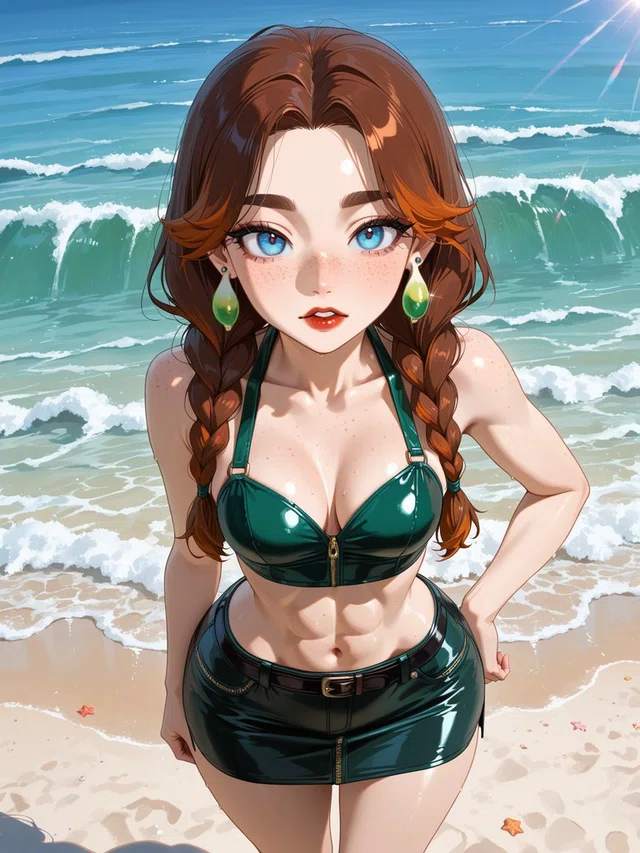 Anime-style figure with brown braids, blue eyes, and a dark teal outfit standing on a sandy beach before foamy waves.