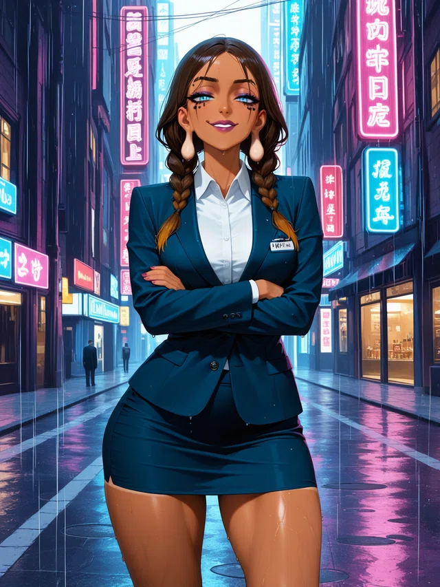 Anime portrait of a woman with chocolate brown hair and a playful sideways smirk
