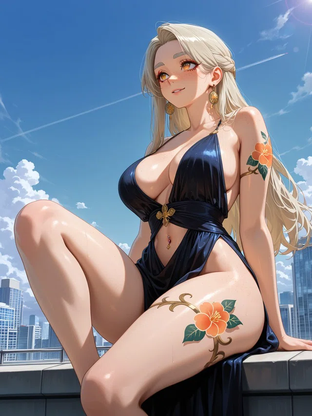 Anime figure with long blonde hair and a slight smile, wearing a dark blue cutout outfit and orange floral tattoos, seated above a city skyline.