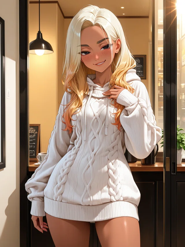 Anime-style blonde with white cable-knit hoodie, smiling softly in a warmly lit interior.