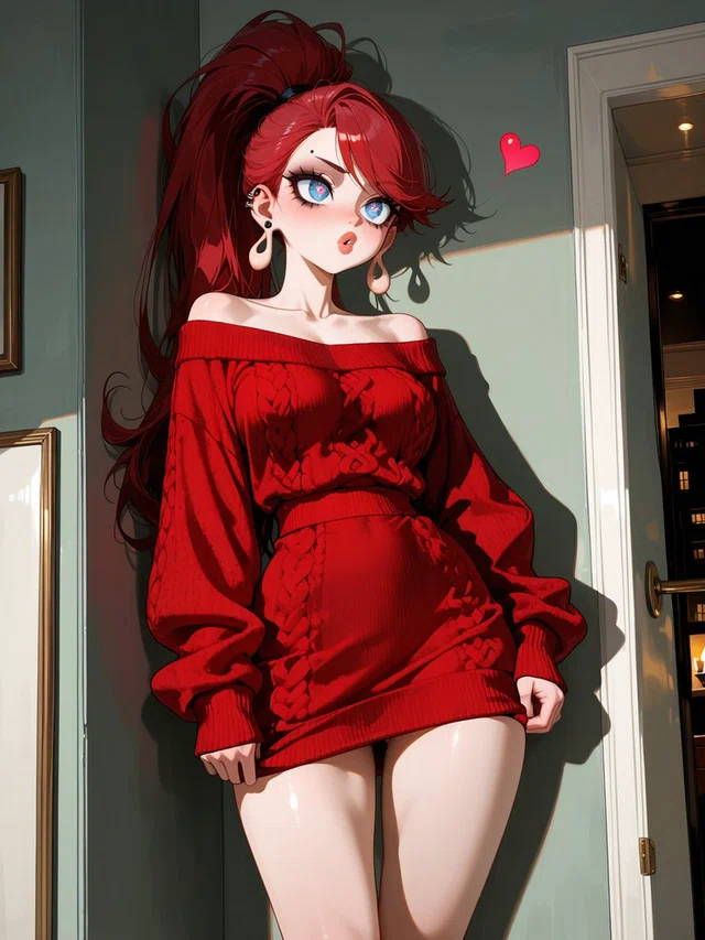 Anime character with a long red ponytail and blue eyes wearing a red off-the-shoulder sweater dress beside a doorway.