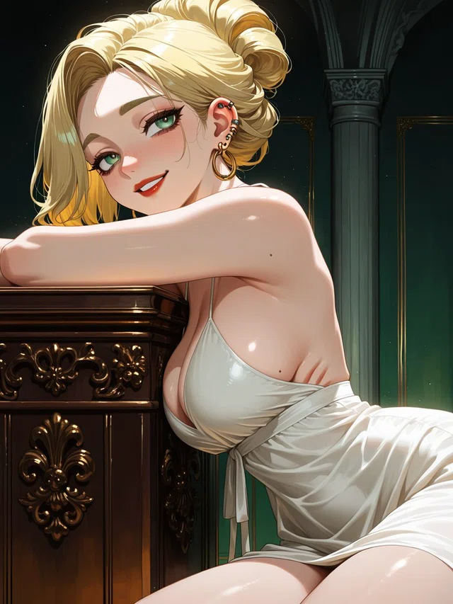 Smiling blonde anime character in a white draped dress, leaning on an ornate wooden surface in a dark green interior.