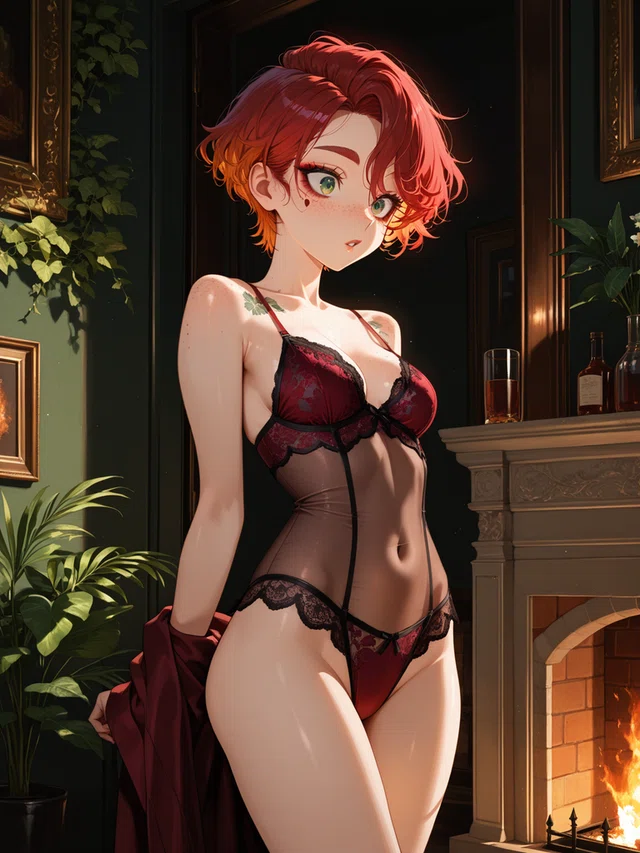 Anime-style woman with red hair in red lace lingerie, standing near a fireplace with green plants.