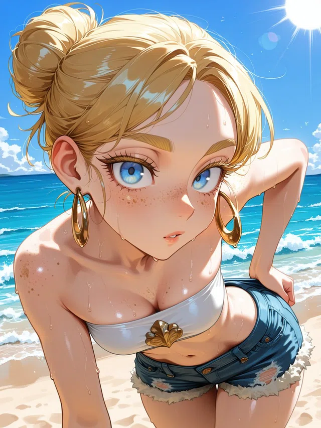 Blonde anime character with blue eyes and freckles leans forward on a sunny beach, wearing gold hoop earrings, a white top, and denim shorts.