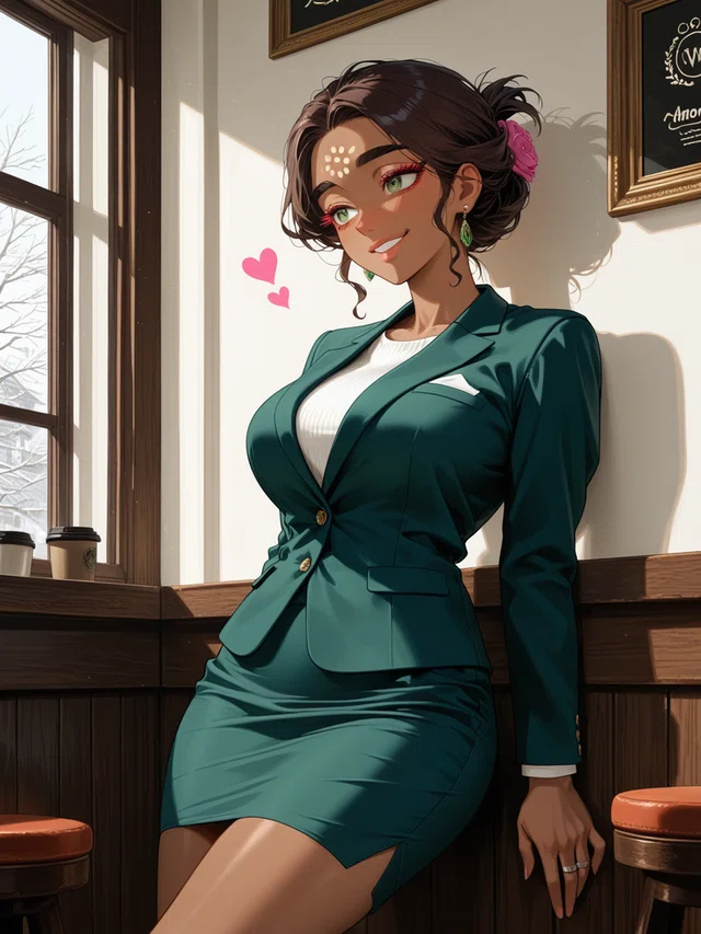 Anime portrait of a woman with dark brown hair and a bright open smile