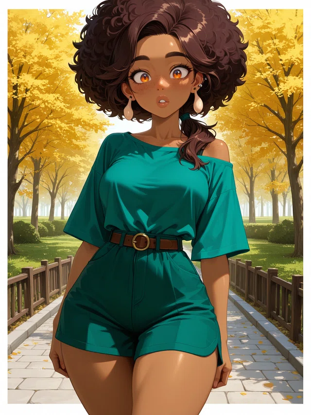 Anime-style figure with voluminous brown curls, amber eyes, and a teal outfit standing on a path lined with golden trees.