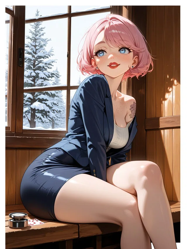 Pink-haired anime character in a navy suit sits on a wooden bench beside a window overlooking snowy evergreen trees.