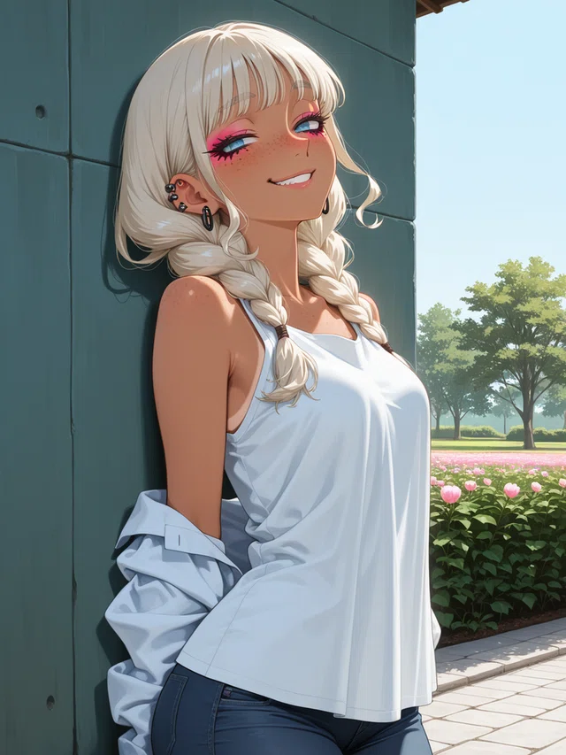 Smiling anime character with white twin braids and pink eye makeup leaning against a teal wall beside a sunny flower garden.
