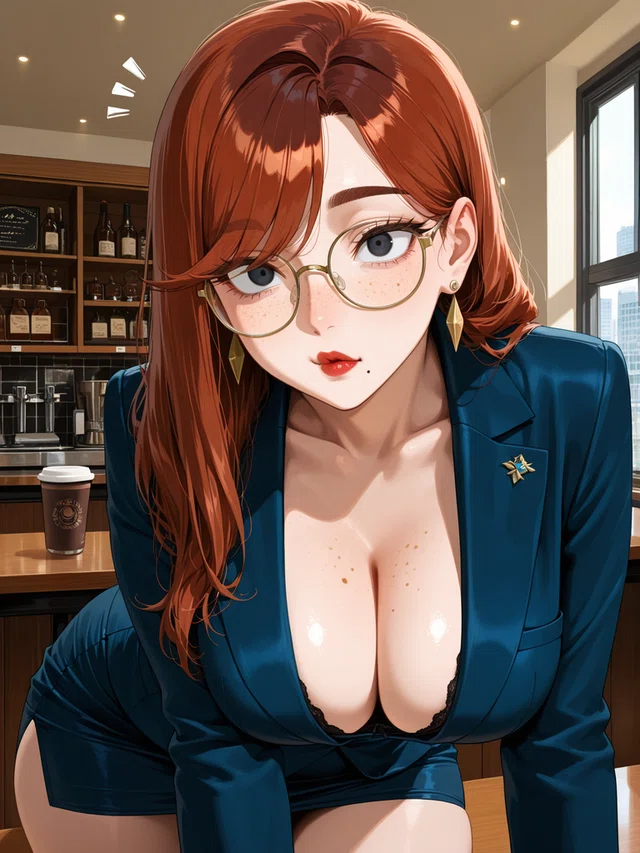 Anime portrait of a woman with deep auburn hair and a surprised look with her lips slightly parted