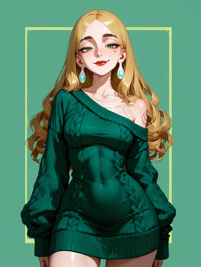 Anime portrait of a smiling blonde character with green eyes, turquoise drop earrings, and a dark teal off-shoulder cable-knit sweater.