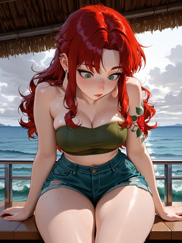Red-haired anime character in a green bandeau top and denim shorts, seated beneath a thatched roof beside the ocean.