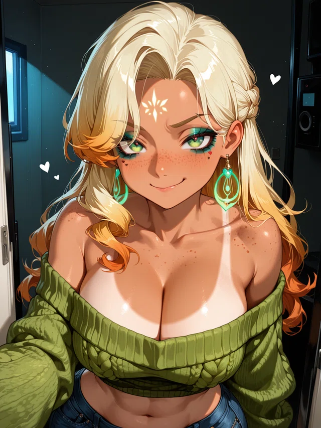 Anime-style portrait of a smiling character with blonde hair, green eyes, and a green off-shoulder sweater.