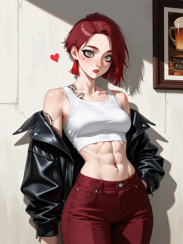 Anime-style portrait with short red hair, gray eyes, a white crop top, and a black jacket draped off the shoulders.