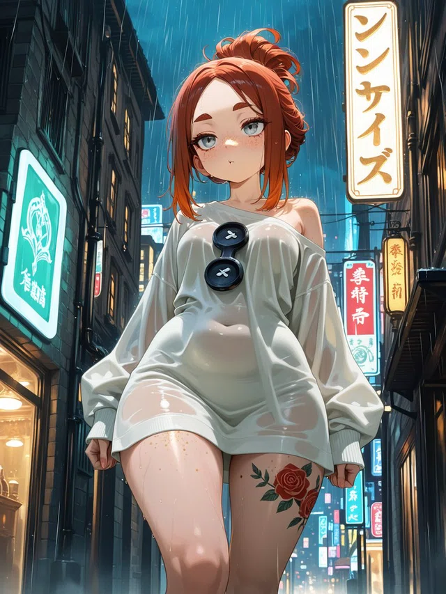 Anime character with red hair in a loose bun, wearing an oversized off-shoulder top in a rainy neon-lit alley.