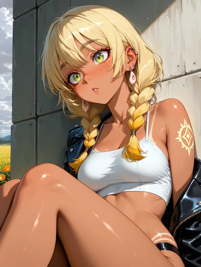 Anime portrait of a blonde, green-eyed figure with two braids, a white crop top, and a black jacket seated against a concrete wall.