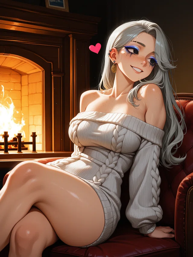 Smiling anime character with long silver hair in a cream knit dress, seated with crossed legs beside a glowing fireplace.