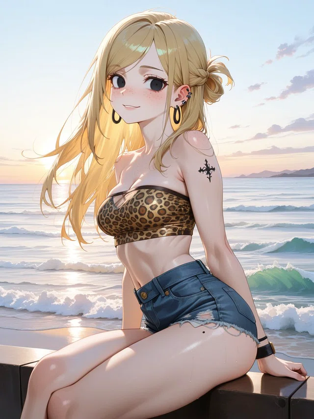 Anime character with long blonde hair and a slight smile, wearing a leopard-print top and denim shorts beside ocean waves at sunset.
