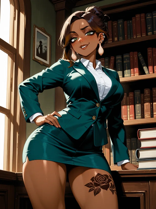 Anime-style woman in a teal skirt suit poses beside library shelves, smiling with one hand on her hip and a rose tattoo on her thigh.