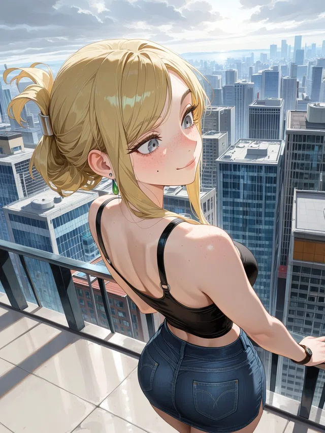 Blonde anime character smiling over one shoulder at a balcony railing above a dense city skyline.