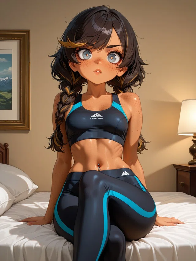 Anime character with dark braided hair and wide gray eyes sits on a bed wearing black and turquoise athletic clothes.