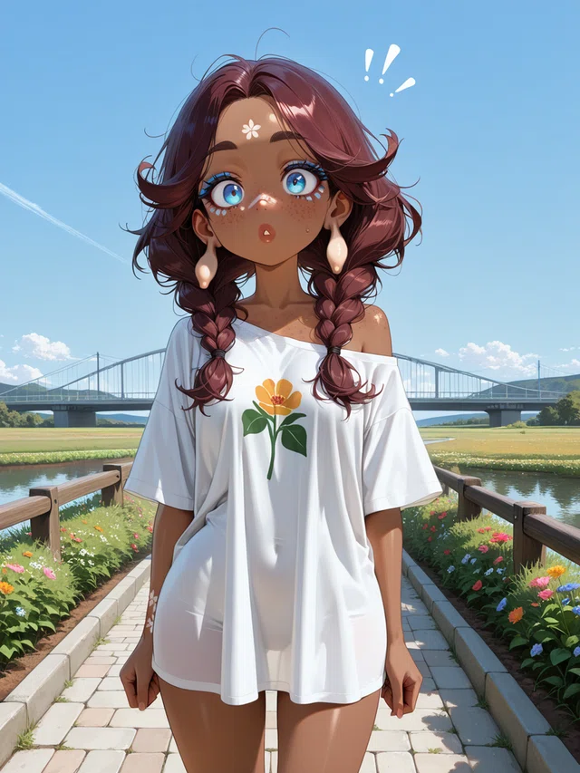 Anime girl with braided brown hair and blue eyes, wearing a white flower shirt, standing on a path with flowers and a bridge behind.