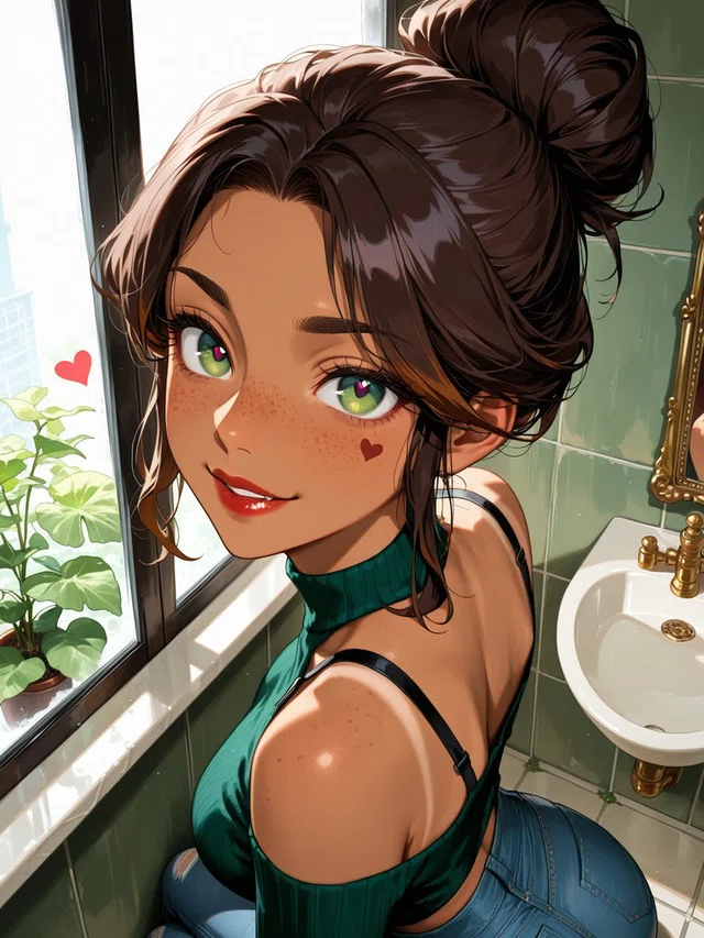 Anime portrait of a smiling, green-eyed character with brown hair in a bun, freckles, and a teal top beside a bathroom window.