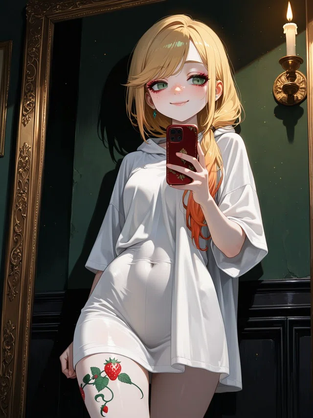 Smiling blonde anime character in a loose white hooded shirt holds a red phone beside an ornate mirror and a lit wall candle.