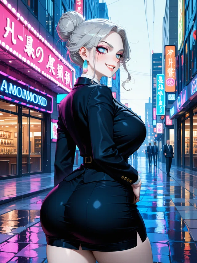 Anime woman with silver hair in a bun, wearing black outfit, on neon-lit city street