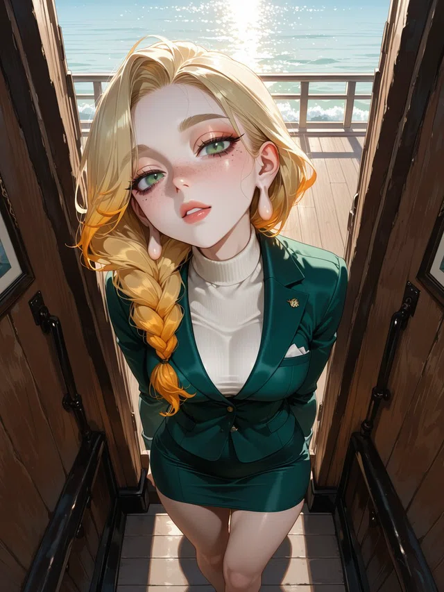 Anime character with a blonde side braid and green eyes, wearing a teal skirt suit in a wooden doorway overlooking sunlit water.