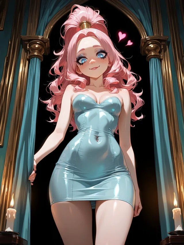 Pink-haired anime character smiling in a glossy aqua strapless dress beneath an ornate arch, with candles and floating pink hearts.