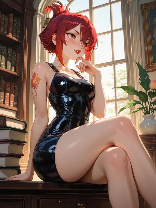 Red-haired anime character in a glossy black dress, sitting cross-legged on a wooden desk beside books and a sunlit window.