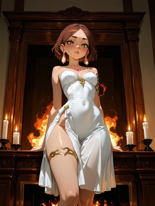 Anime figure with short brown hair and green eyes wearing a white slit dress in front of a carved wooden fireplace and lit candles.