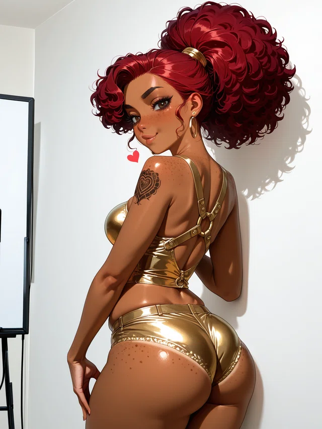 Anime-style figure with curly red hair in a high ponytail, wearing shiny gold outfit, posing against a white wall.
