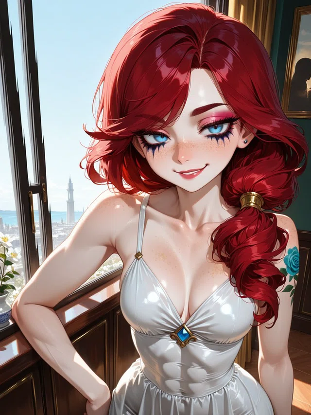 Smiling anime figure with red hair in a thick side ponytail, blue eyes, and a white dress beside a sunlit window.