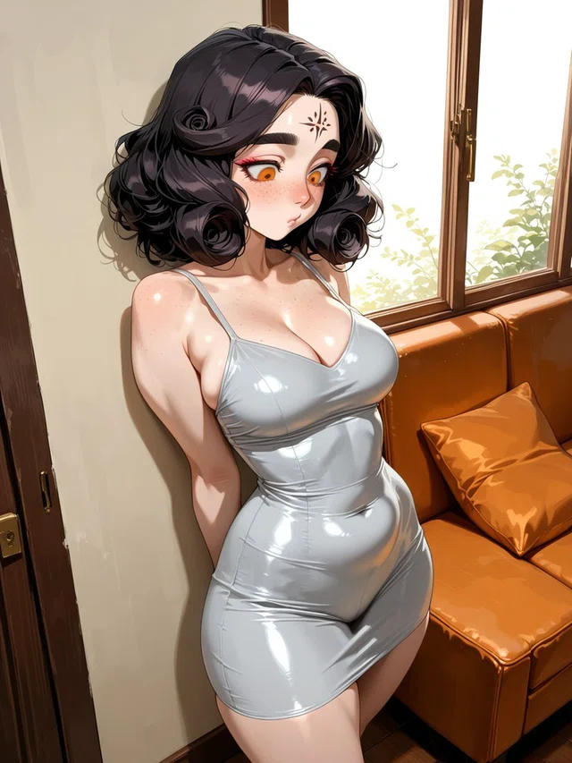 Anime character with curled black hair and orange eyes wearing a shiny silver dress beside a sunlit window and orange sofa.