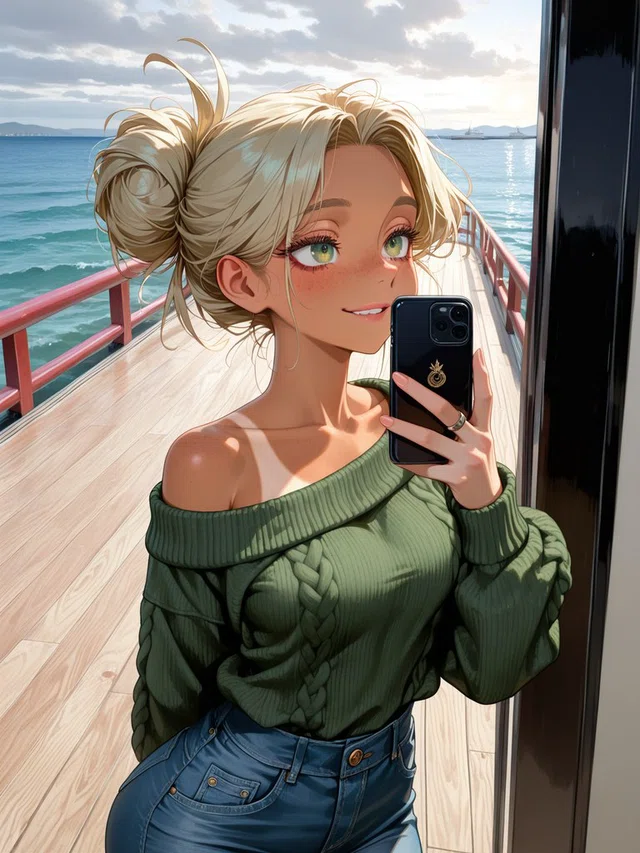 Smiling anime character with blonde hair in a loose bun, holding a black phone beside a seaside deck in a green sweater and blue jeans.