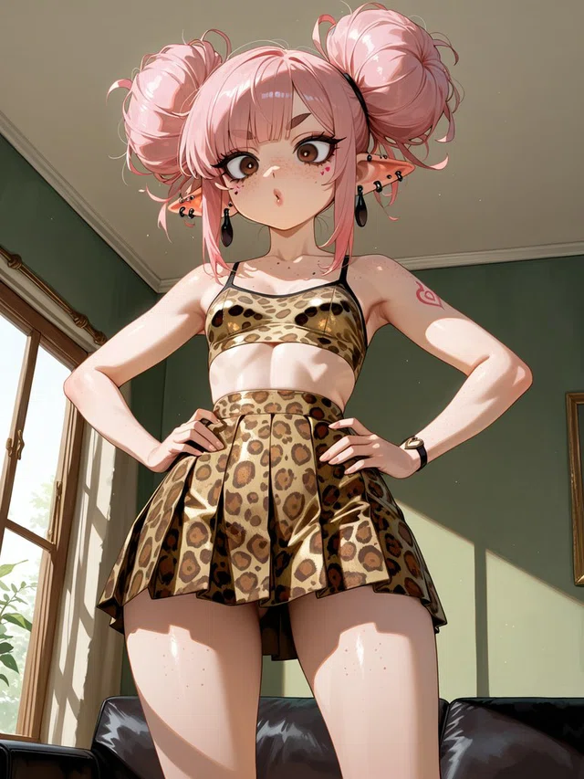 Anime character with pink double buns, pierced pointed ears, and a leopard-print outfit standing hands-on-hips in a sunlit room.