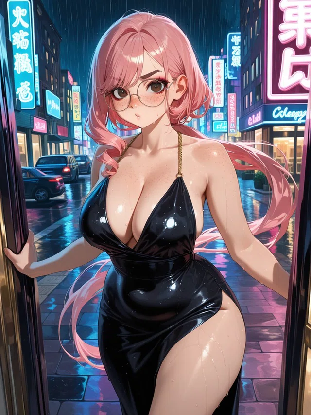 Anime character with long pink hair and round glasses wearing a glossy black dress in a neon-lit, rainy street doorway.