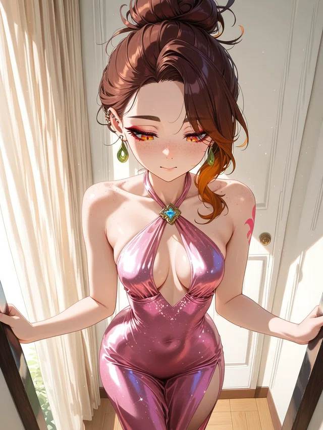 Anime portrait of a softly smiling figure with a brown updo, amber eyes, green earrings, and a glossy pink halter outfit in a sunlit doorway.