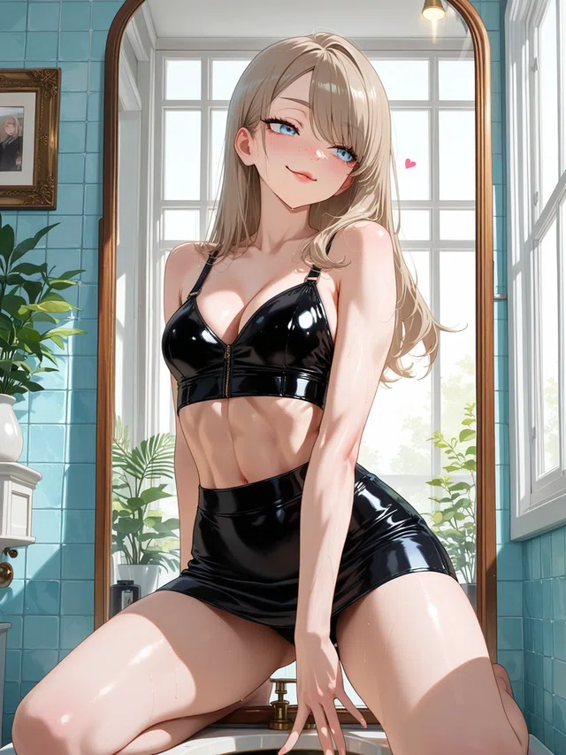 Anime-style figure with long blonde hair and blue eyes, wearing a glossy black crop top and shorts in a sunlit tiled bathroom.