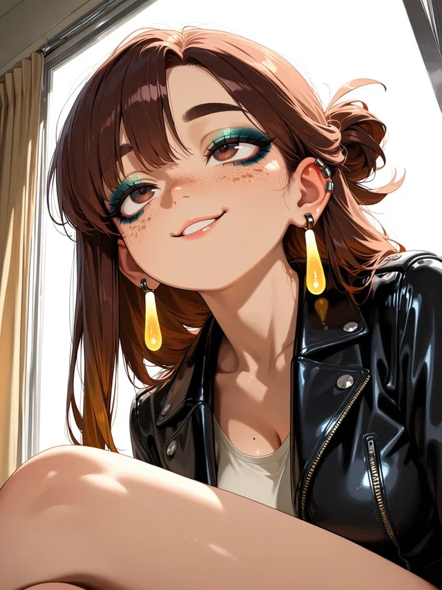 Smiling anime character with brown hair, freckles, teal eye makeup, yellow drop earrings, and a black jacket beside a bright window.