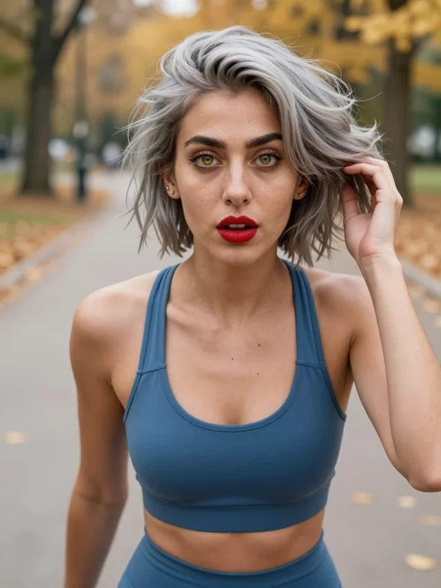 Person with tousled silver hair and red lipstick wearing blue athletic clothing on an autumn park path.