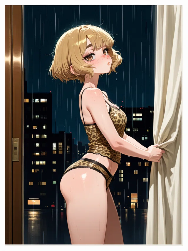 Anime woman in leopard-print lingerie pulling a curtain, rain visible outside at night