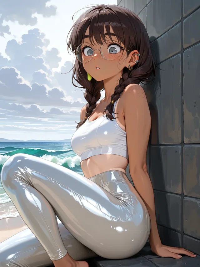 Anime character with brown braids and round glasses sits beside a seaside wall, wide-eyed, in a white crop top and shiny silver pants.