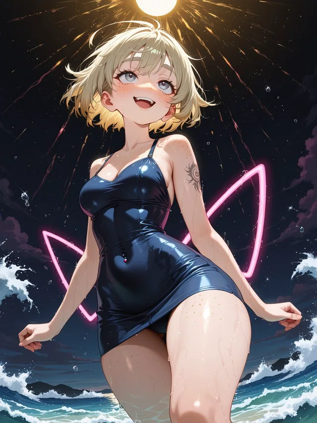 Smiling anime figure with short blonde hair in a glossy navy dress, framed by ocean waves, pink neon shapes, and a glowing sky.