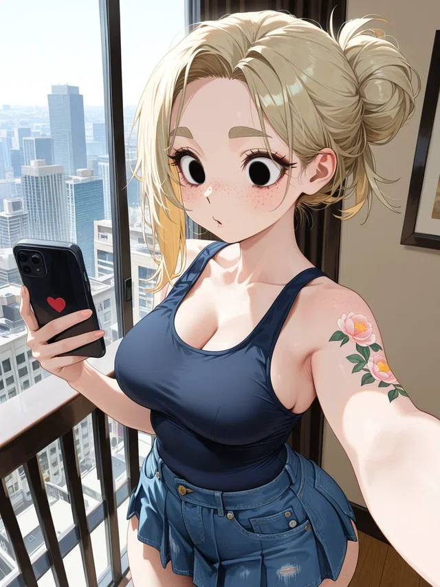 Blonde anime character with a loose bun holds a black phone beside a city-view window, wearing a navy tank top and denim shorts.