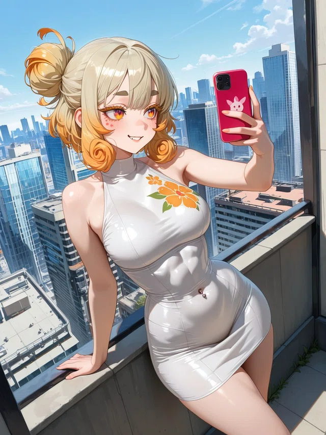 Smiling anime character with blonde and orange curls holds a pink phone beside a window overlooking a sunny city skyline.